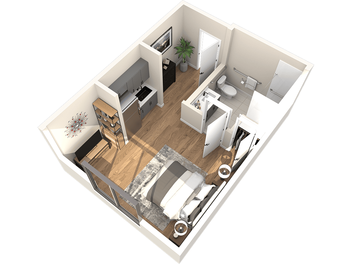 Explore a 3D floor plan of a cozy apartment at The Emberly at Heritage Glen in Alliance Fort Worth, TX, showcasing a bedroom, kitchen, bathroom, and a small living area with wooden flooring and minimal furnishings designed for comfort and ease.