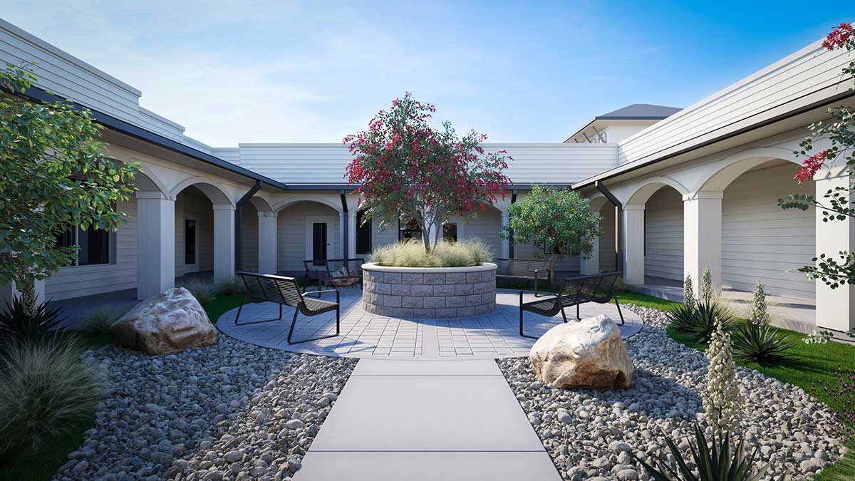 Courtyard and outside seating area at The Emberly at Heritage Glen in Alliance Fort Worth, TX