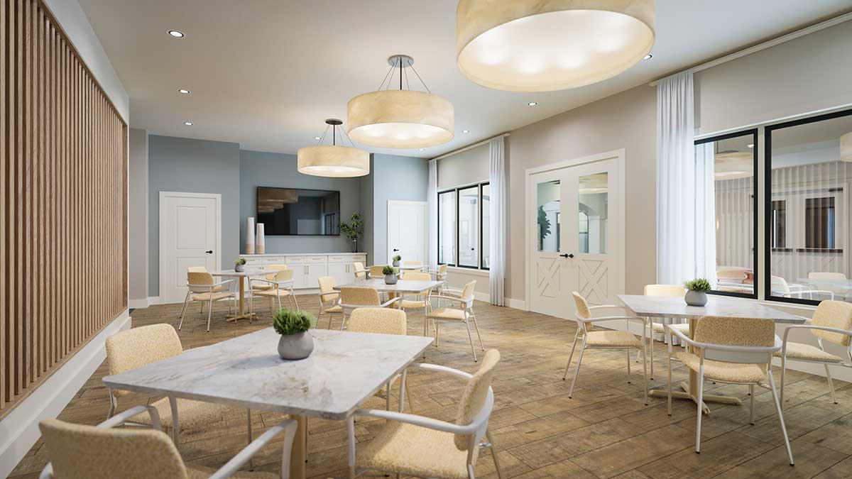 Tables and eating area inside The Emberly in Fort Worth