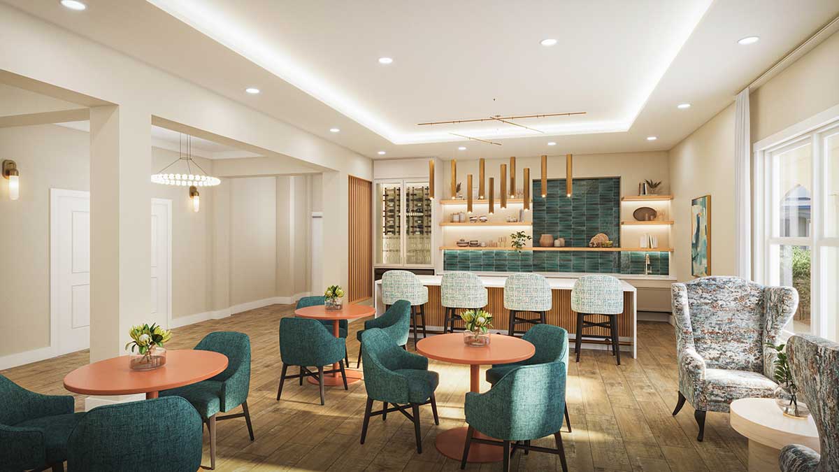 A bar and dining area space at The Emberly at Heritage Glen senior living community in Alliance Fort Worth, TX.
