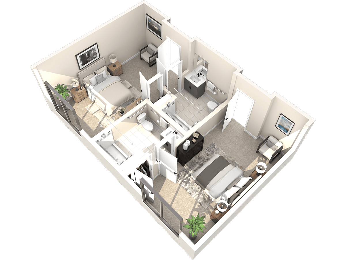 Experience a 3D floor plan of a two-bedroom, one-bathroom Thrive Senior Living apartment. Featuring a kitchen, cozy living area, and intimate dining space, all rooms are elegantly furnished with doors thoughtfully shown open for easy accessibility.